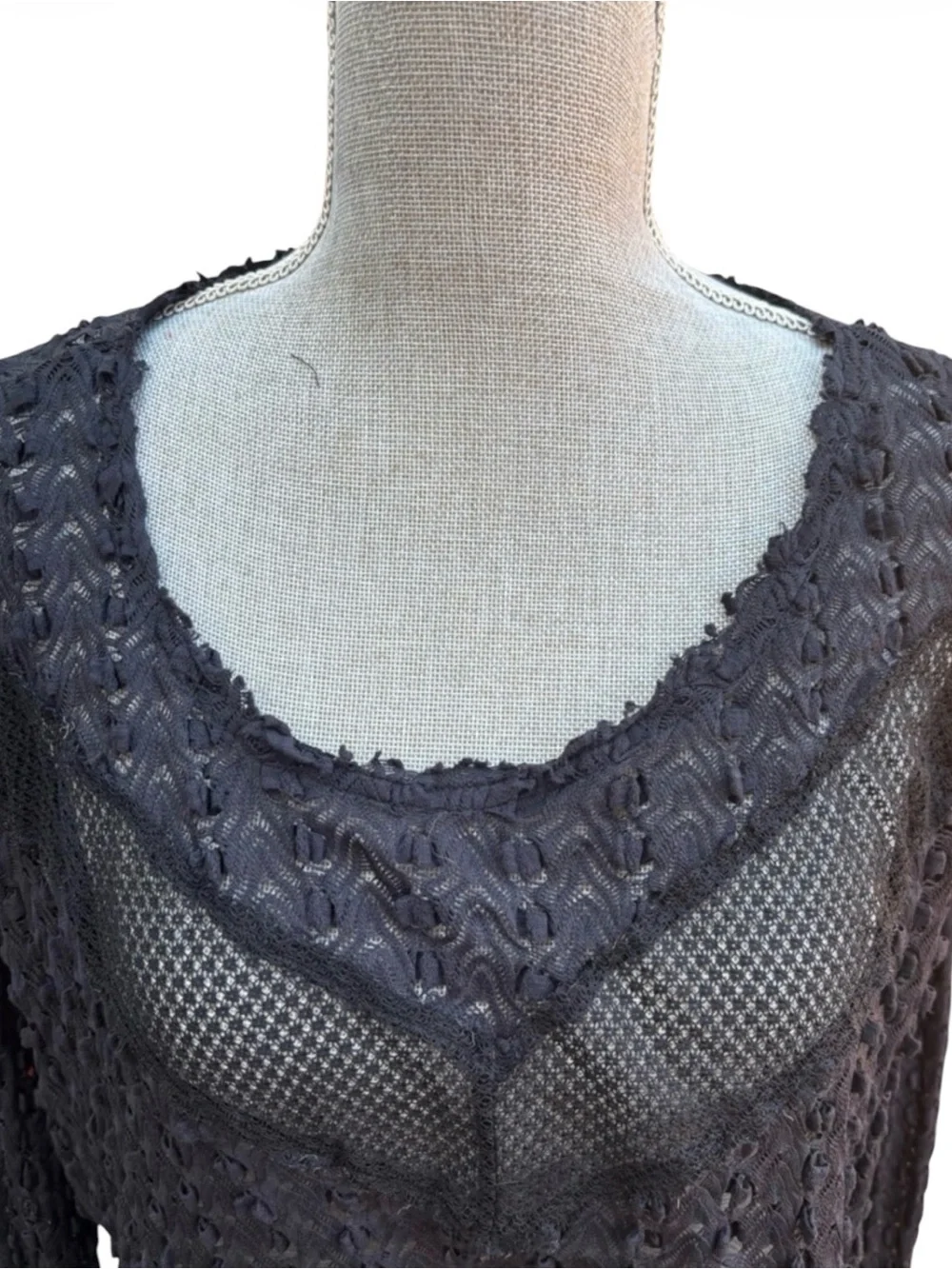 Free People Black Sheer Lace Mesh Top Boho Textured Top S Goth Emo Edgy Boho